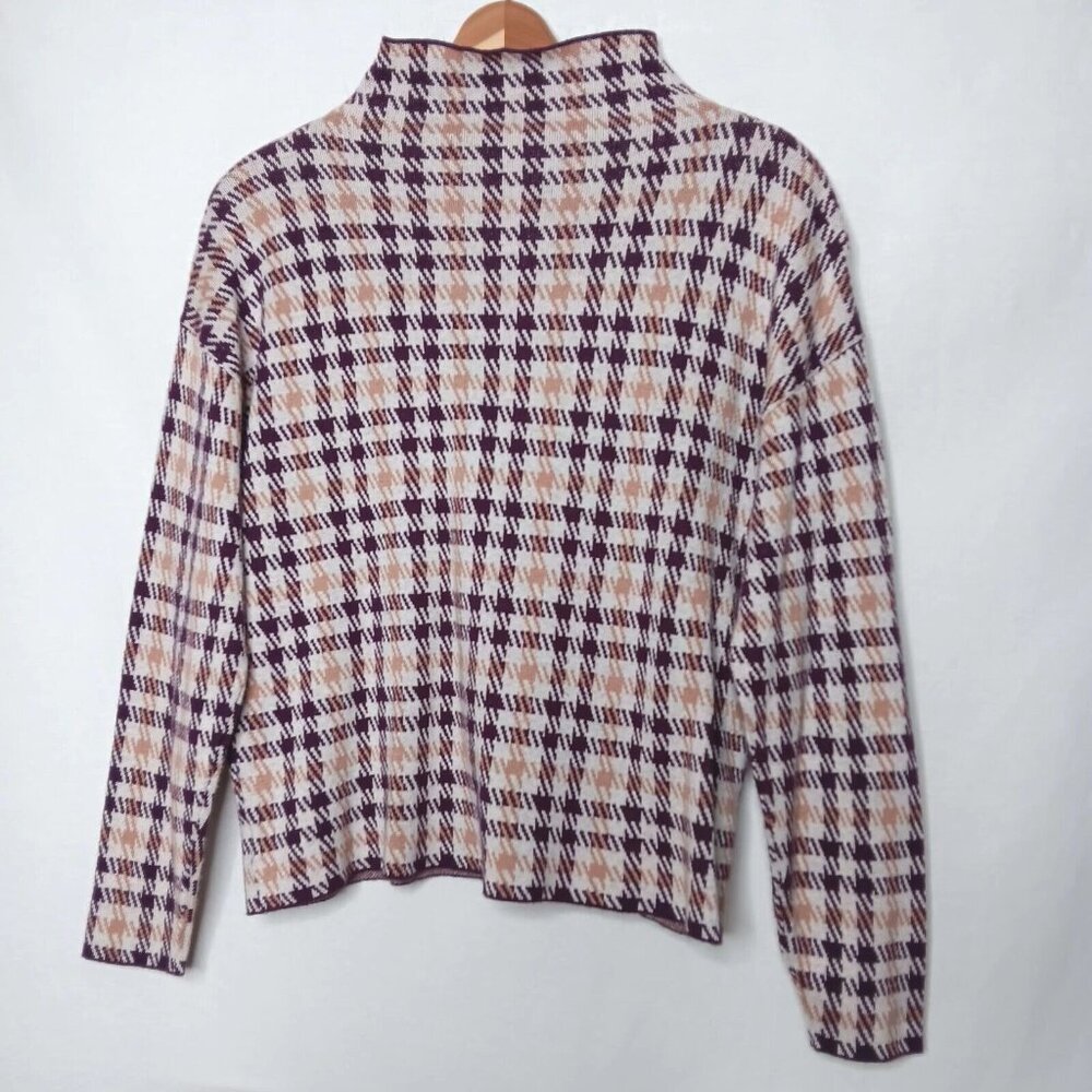 Ann Taylor Factory Petite LP Sweater Mock Neck Knit Marroon Houndstooth Plaid